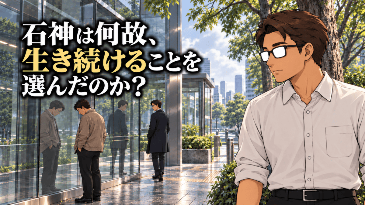 『容疑者Xの献身』石神の研究者としての老いと隠された動機を考察する、ガラスに映る石神と湯川を見つめるシフルと「石神は何故、生き続けることを選んだのか？」のコピー