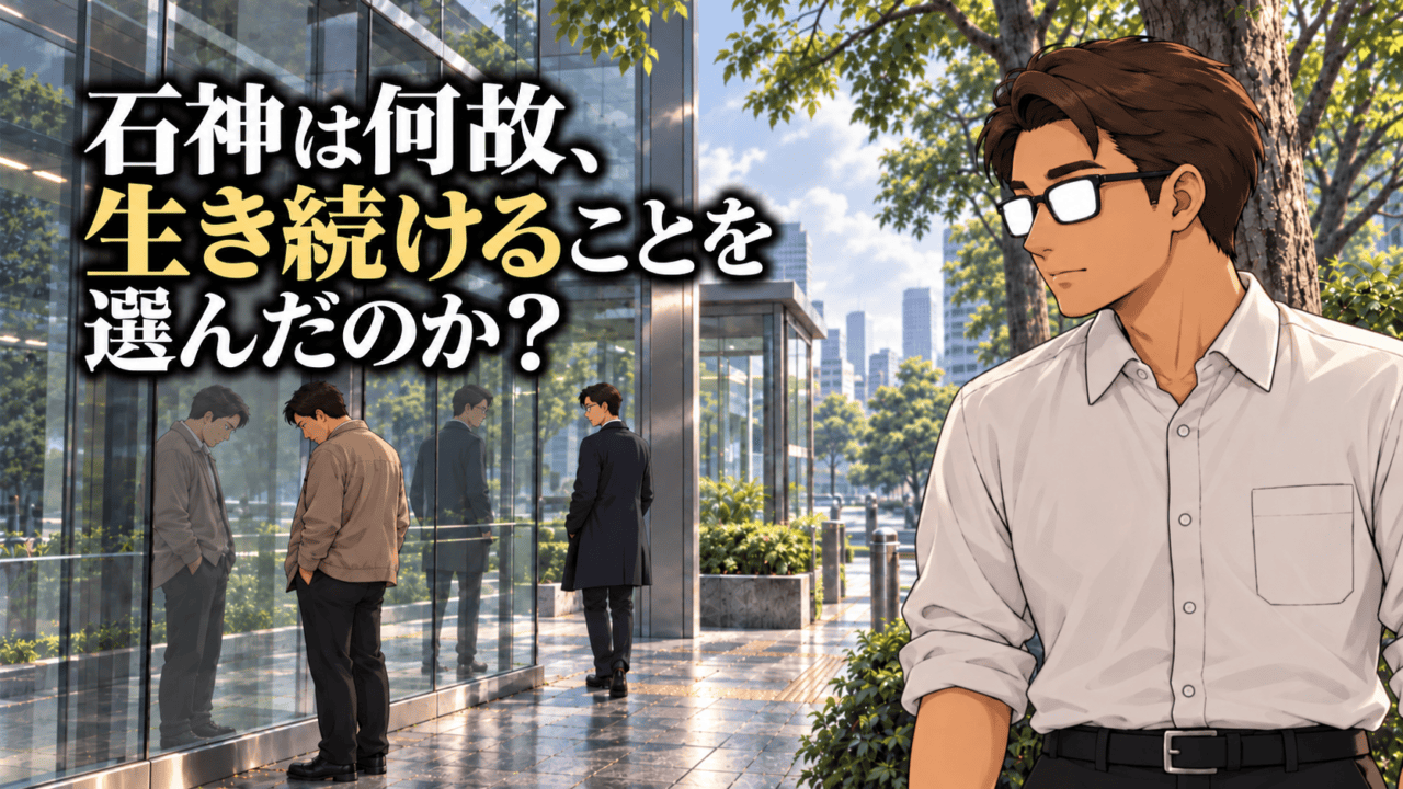 『容疑者Xの献身』石神の研究者としての老いと隠された動機を考察する、ガラスに映る石神と湯川を見つめるシフルと「石神は何故、生き続けることを選んだのか?」のコピー