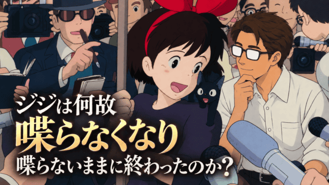 記者会見でキキとジジを見つめるシフルに、「ジジは何故喋らなくなり喋らないままに終わったのか？」の文字を重ねたアイキャッチ