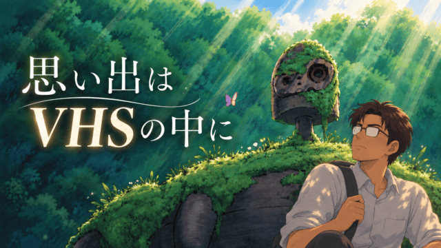 苔むしたロボット兵を背景に、空を見上げるシフルと「思い出はVHSの中に」の文字を配した『天空の城ラピュタ』記事のアイキャッチ。