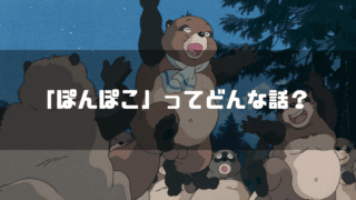 映画「平成狸合戦ぽんぽこ」の登場人物・ぽん吉を背景に「『ぽんぽこ』ってどんな話？」というタイトル文字を重ねたアイキャッチ
