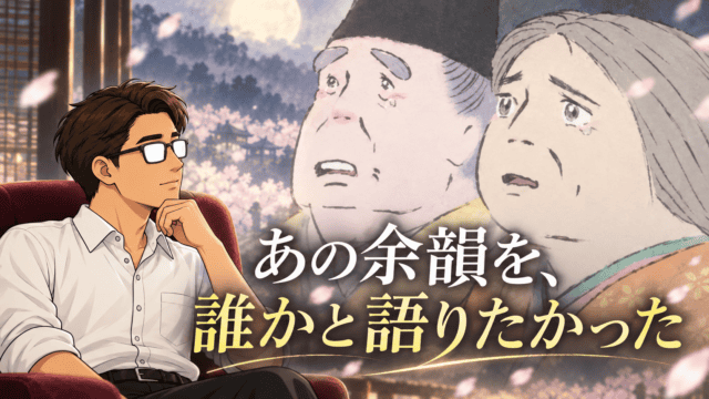 映画『かぐや姫の物語』で涙を流す翁と媼を背景に、座って見つめるシフルと「あの余韻を、誰かと語りたかった」の文字を配したアイキャッチ。