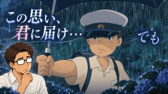 雨の中で傘を差すカンタを背景に、思案するシフルと「この思い、君に届け・・・でも」の文字を配した『となりのトトロ』考察記事のアイキャッチ。