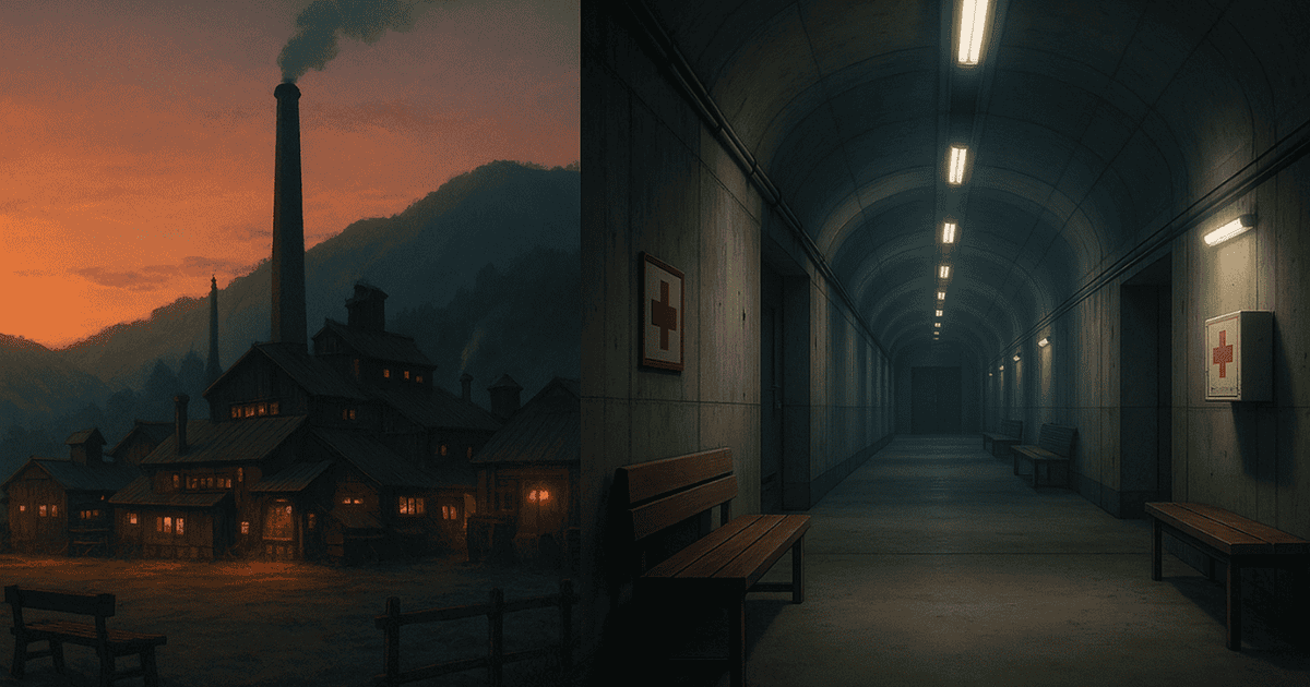 夕暮れのタタラ場のような村と、地下の無機質な廊下の2つの対照的な風景