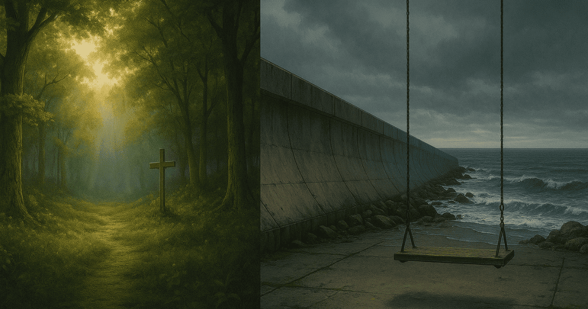 光が差し込む森の中の十字架と、曇り空の下の海辺にあるブランコと防波堤