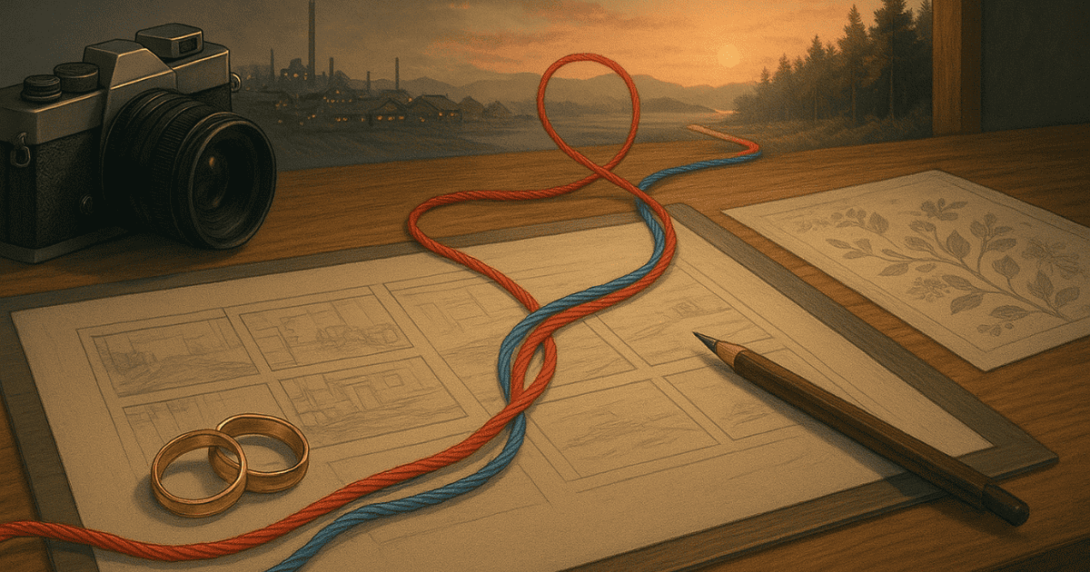 ストーリーボード、結婚指輪、赤と青の組紐、カメラが置かれた机