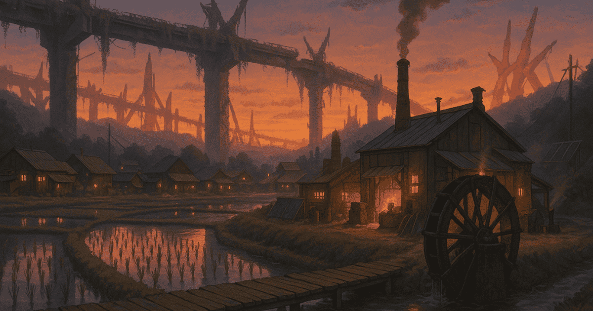 夕焼け空の下、水田と水車小屋がある村の風景。背景には巨大な高架橋の遺跡がそびえている。