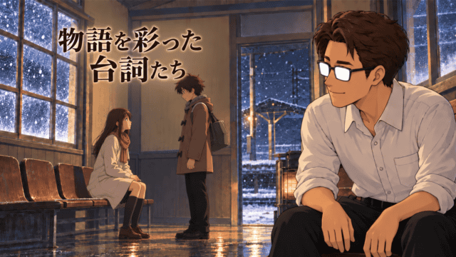 『秒速5センチメートル』の名言・台詞を紹介する、雪の駅で待つ明里と再会した貴樹をシフルが見つめる情景。「物語を彩った台詞たち」のコピー