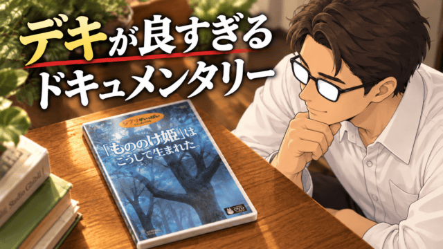 木のテーブルに置かれた『「もののけ姫」はこうして生まれた。』のDVDを、白く反射した眼鏡のシフルが見つめるアイキャッチ。「デキが良すぎるドキュメンタリー」の文字入り。