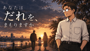 ドラマ「だから殺せなかった」の考察を表現したアイキャッチ。夕暮れの川辺で家族を見つめるシフルと、「あなたはだれを、まもりますか」の文字を配置した画像。