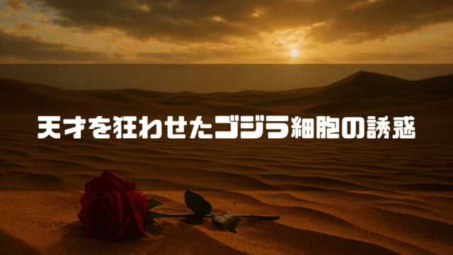 夕暮れの砂丘に横たわる一輪の赤いバラを背景に「天才を狂わせたゴジラ細胞の誘惑」という白いテキストが配置されている。