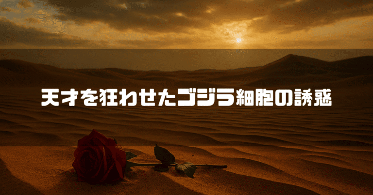 夕暮れの砂丘に横たわる一輪の赤いバラを背景に「天才を狂わせたゴジラ細胞の誘惑」という白いテキストが配置されている。