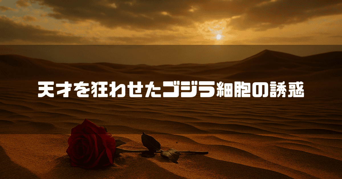 夕暮れの砂丘に横たわる一輪の赤いバラを背景に「天才を狂わせたゴジラ細胞の誘惑」という白いテキストが配置されている。