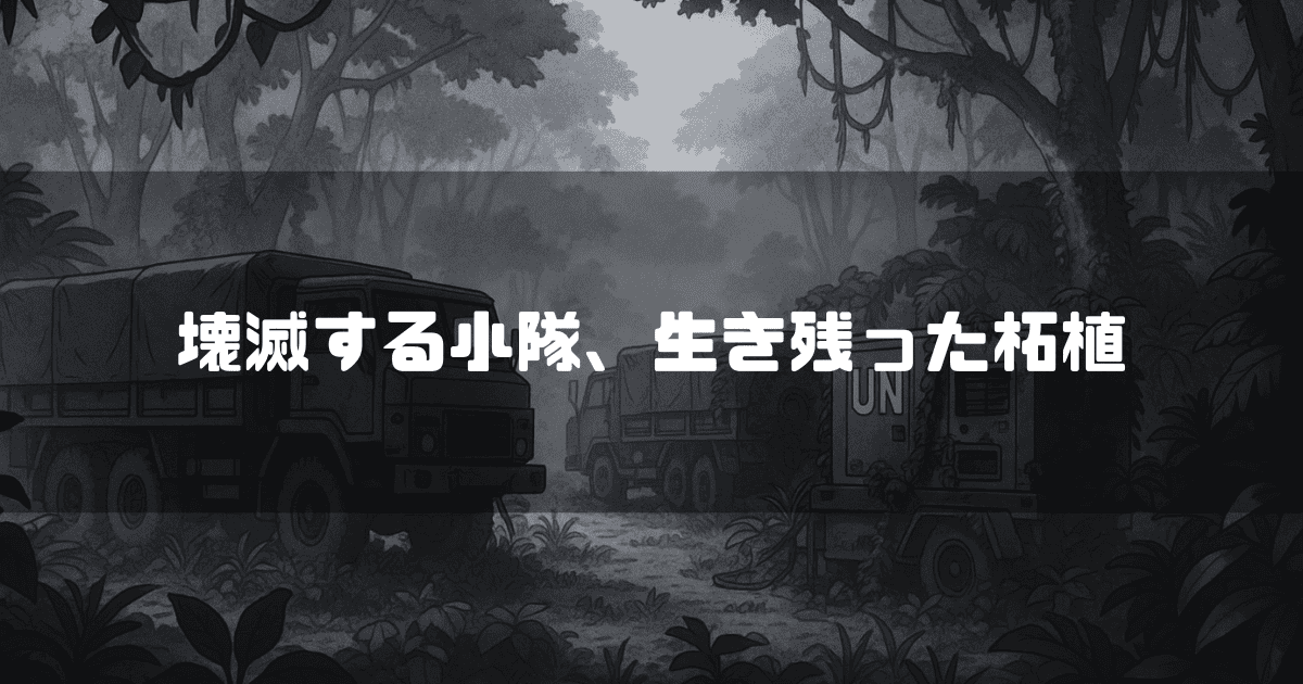 薄暗いジャングルの中に停車する国連の軍用トラックを描いたイラスト。中央には白文字で「壊滅する小隊、生き残った柘植」というテキストが配置されている。