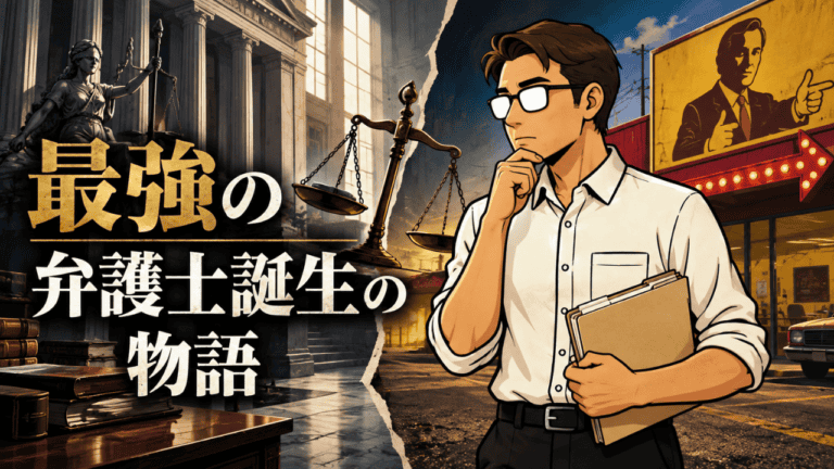 ドラマ「ベター・コール・ソウル」考察のアイキャッチ。法廷と街の境界に立つシフルと「最強の弁護士誕生の物語」の文字