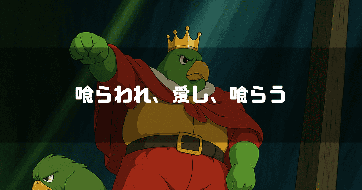 映画「君たちはどう生きるか」に登場するインコ大王とインコマンが混ざった存在を背景に「喰らわれ、愛し、喰らう」というキャッチコピーを重ねた見出し