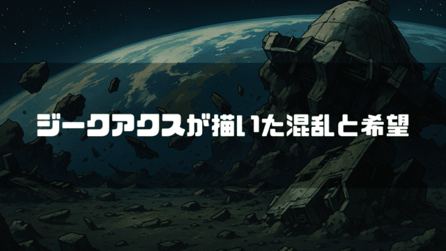 宇宙に浮かぶ惑星と、破壊された宇宙要塞の残骸を背景に「ジークアクスが描いた混乱と希望」という白い文字が配置されている。