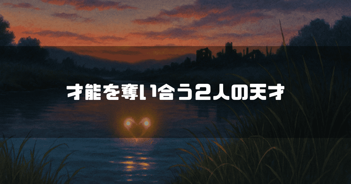 夕暮れの川辺の風景の中央に「才能を奪い合う2人の天才」というテキストが配置されている。