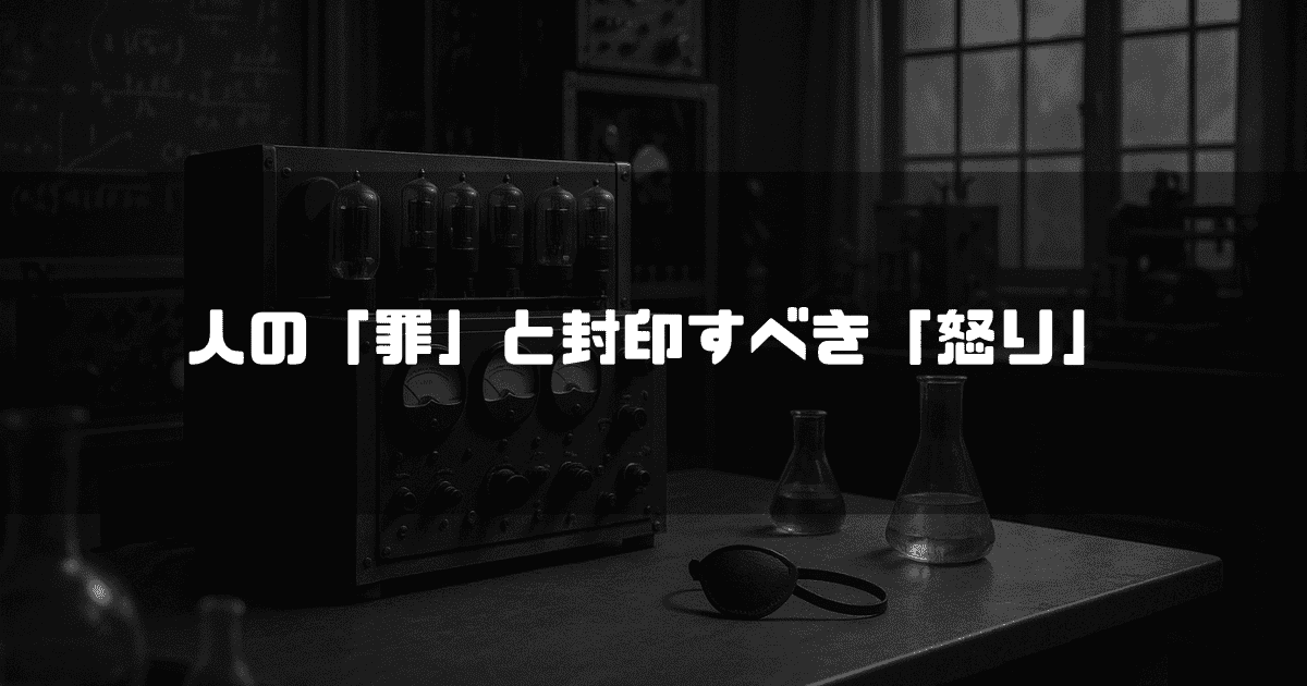 "薄暗い研究室の机に置かれた装置と眼帯、そして「人の「罪」と封印すべき「呪い」」というテキスト
