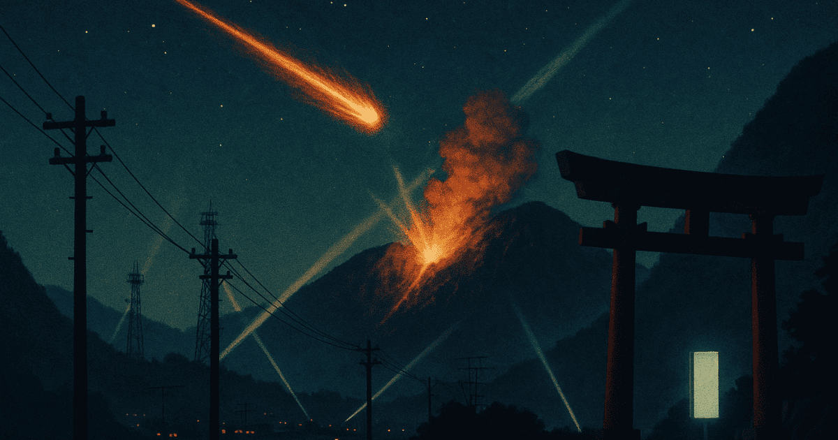 夜空を切り裂くように進む彗星と、山に衝突し炎を上げる様子。手前には日本の田舎を思わせる鳥居や電柱が描かれている。