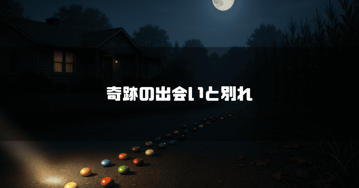 「奇跡の出会いと別れ」というタイトル。満月が照らす夜、一軒家へと続く道にカラフルなお菓子が点々と置かれている。