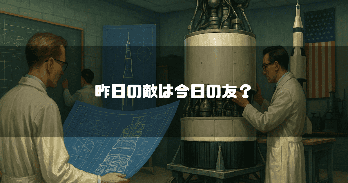 「昨日の敵は今日の友？」というテキストと、研究室でロケット開発に取り組む科学者たちの様子
