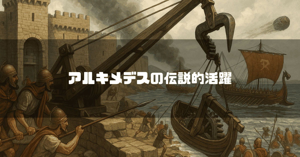 「アルキメデスの伝説的活躍」というタイトルと、古代の海戦でアルキメデスの鉤爪が敵の船を持ち上げる場面