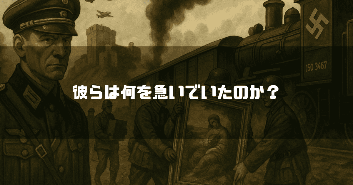 「彼らは何を急いでいたのか？」という問いかけの文字と、ナチスの兵士が絵画を列車へ運び込む場面