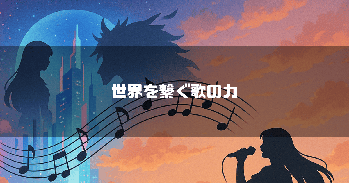 「世界を繋ぐ歌の力」というテキスト。都会のビル群と夕暮れの空を背景に、歌う少女と竜のシルエットが交差するデザイン