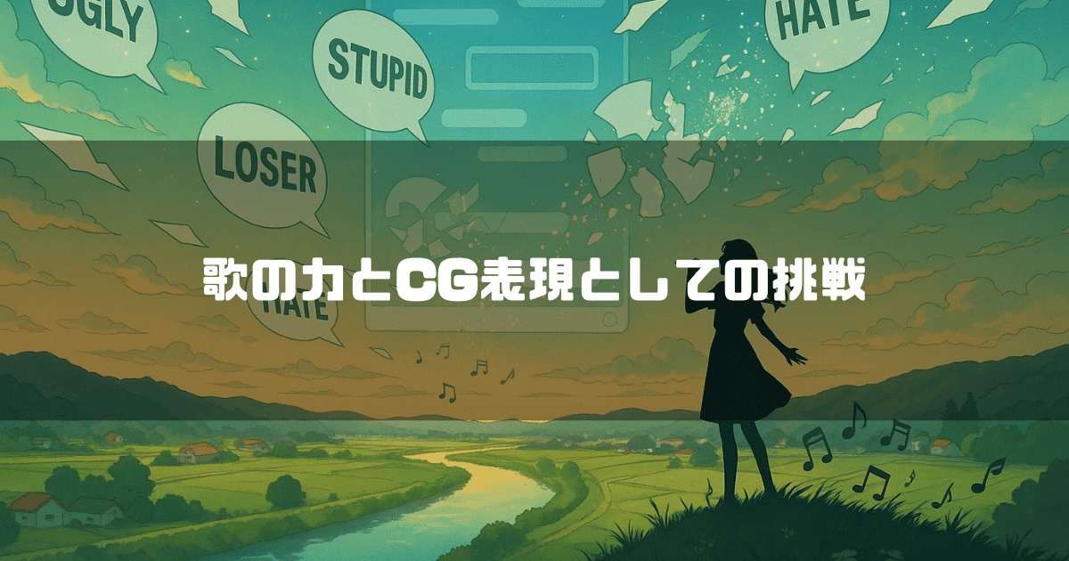 「歌の力とCG表現としての挑戦」というテキスト。誹謗中傷の言葉が書かれた吹き出しが砕け散り、歌声が響き渡る様子を描いたイラスト