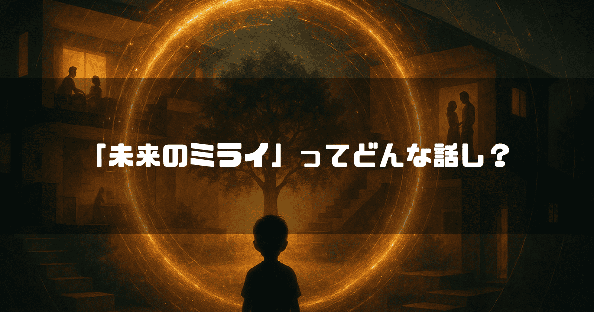 「未来のミライ」ってどんな話？というテキスト。輝く光の輪の中に立つ少年のシルエットと、その奥に見える大きな木のある中庭と家