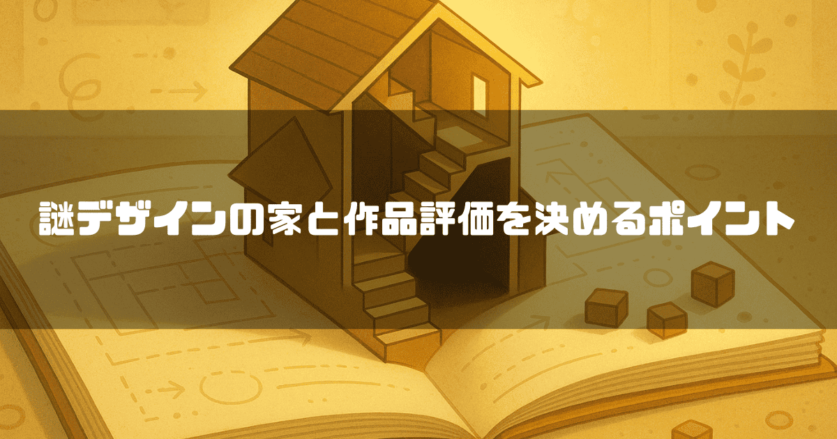 謎デザインの家と作品評価を決めるポイントというテキスト。開かれた本の上に立ち上がった、階段が特徴的な家の断面模型のイラスト