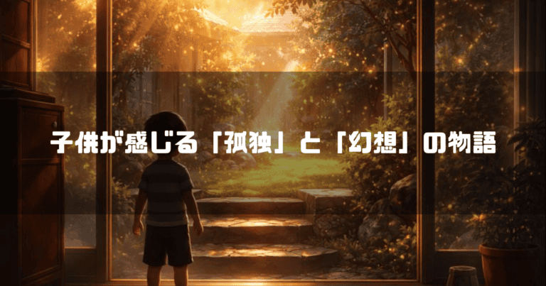 子供が感じる「孤独」と「幻想」の物語という見出しと、夕暮れの庭を眺める少年の後ろ姿