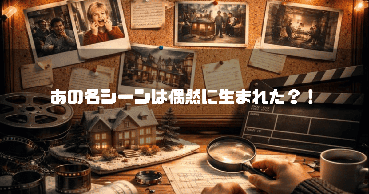 『ホーム・アローン』のケビンたちの写真が貼られたボードと机上の撮影機材や家の模型を背景に「あの名シーンは偶然に生まれた？！」と書かれている