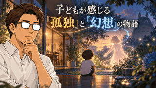 夕暮れの庭で孤独を抱える少年と幻想的に現れる少女を背景に、考え込むシフルと「子どもが感じる『孤独』と『幻想』の物語」の文字を配した『未来のミライ』考察記事のアイキャッチ。