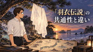 「美しい物語」ではなかった羽衣伝説-日本各地の天女伝承とその結末- 夕暮れの水辺で、松の枝に掛かった白い羽衣と日本地図を前にシフルが伝承を調べるアイキャッチ。「『羽衣伝説』の共通性と違い」の文字入り。