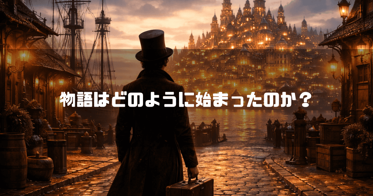 夕暮れの港で輝く街を見つめるシルクハットの男の後ろ姿。文字内容：「物語はどのように始まったのか？」
