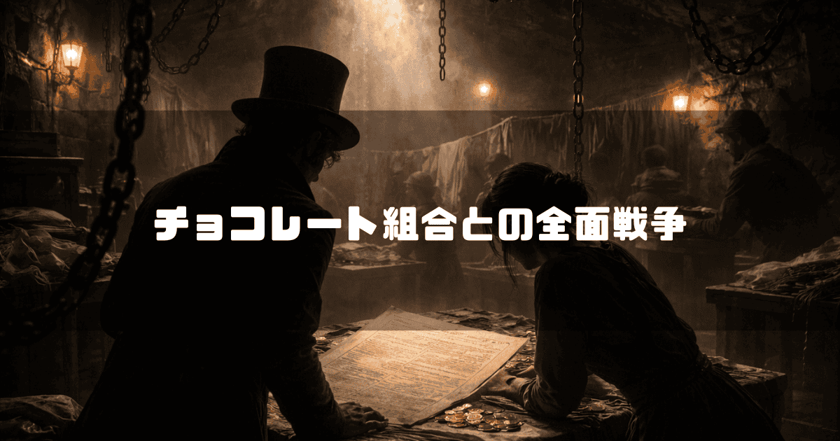薄暗い地下室で地図を囲み作戦会議をする人々と鎖の装飾。文字内容：「チョコレート組合との全面戦争」