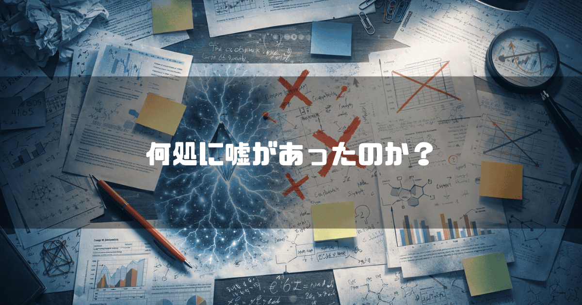 散らかった机の上に広げられた書類や付箋、赤いバツ印、そして中央で青く発光し稲妻を放つ結晶。文字内容：「何処に嘘があったのか？」