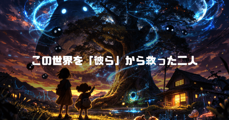 巨大な光る大樹と夜空に浮かぶ青い猫の精霊を見上げる二人の子ども。文字内容：「この世界を「彼ら」から救った二人」。
