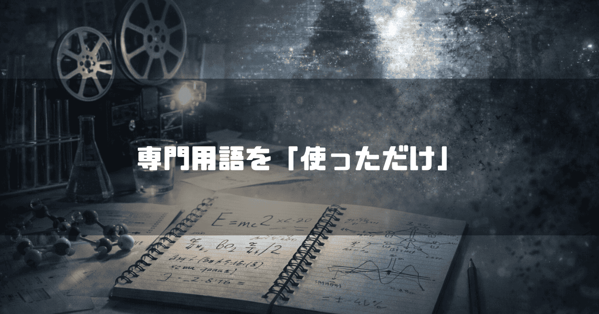 映画のフィルムリールや数式が書かれたノートが置かれた薄暗い研究机。文字内容：「専門用語を「使っただけ」」。