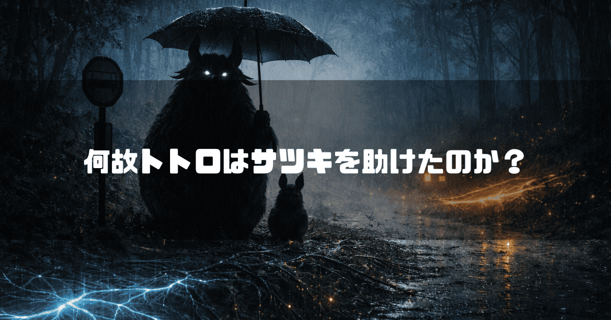 雨降る夜の森の道で、バス停のそばで傘をさして立つ巨大な影の生物と小さな生物。文字内容：「何故トトロはサツキを助けたのか？」。