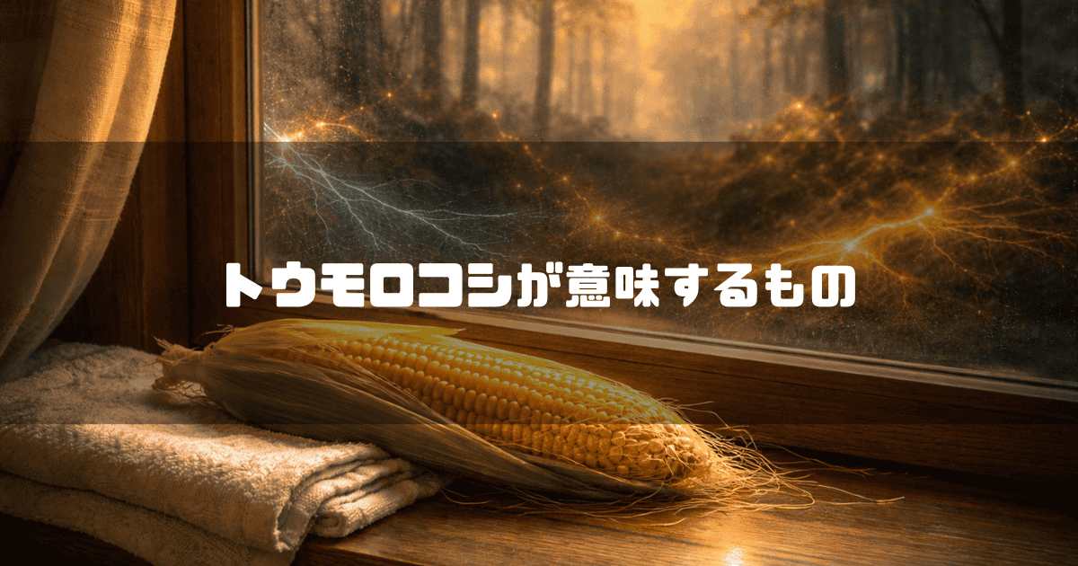 魔法のような光が走る薄暗い森を背景に、窓辺のタオルの上に置かれた皮付きのトウモロコシ。文字内容：「トウモロコシが意味するもの」。