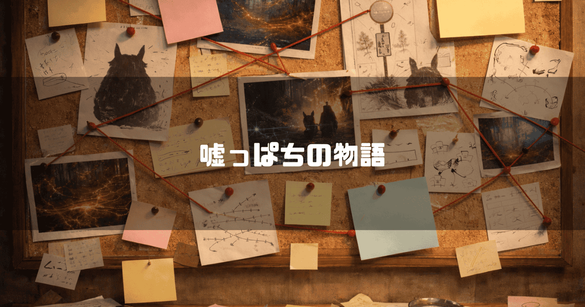 探偵の捜査ボードのように、謎の生物の写真やメモが赤い糸で繋がれたコルクボード。文字内容：「嘘っぱちの物語」。