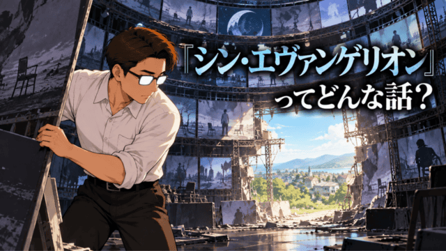「シン・エヴァンゲリオン劇場版」考察のアイキャッチ。巨大な映像セットを解体し、外の明るい村へ通じる開口部を作るシフルと、「『シン・エヴァンゲリオン』ってどんな話？」の文字。