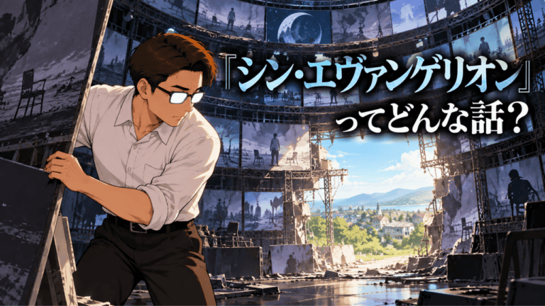 「シン・エヴァンゲリオン劇場版」考察のアイキャッチ。巨大な映像セットを解体し、外の明るい村へ通じる開口部を作るシフルと、「『シン・エヴァンゲリオン』ってどんな話？」の文字。