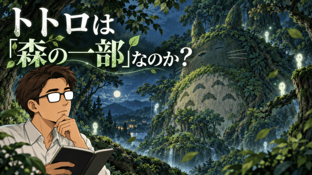夜の森と一体化するように描かれたトトロと光る精霊たちを背景に、考察するシフルと「トトロは『森の一部』なのか？」の文字を配したアイキャッチ。