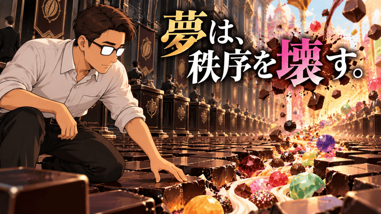 映画「ウォンカとチョコレート工場のはじまり」考察のアイキャッチ。秩序だったチョコレート工場を破って色鮮やかな菓子があふれ出す様子を見つめるシフルと、「夢は、秩序を壊す。」の文字。