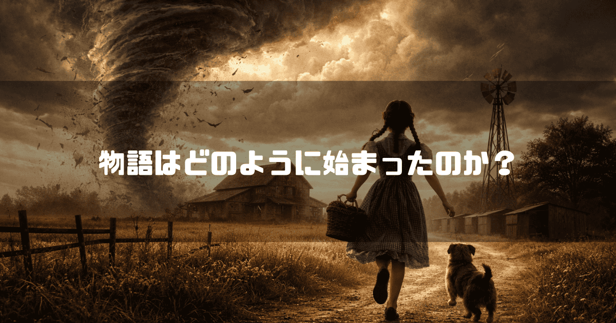 巨大な竜巻が接近する農家に向かって未舗装の道を歩く、バスケットを持った少女と小さな犬。文字内容：「物語はどのように始まったのか？」。