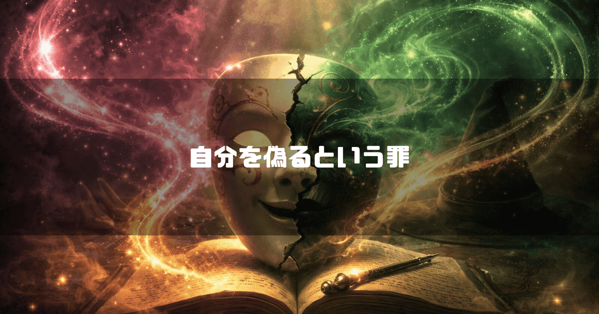 魔法の煙が渦巻く背景で、開かれた古い本の上に浮かぶ白と黒のひび割れた仮面。文字内容：「自分を偽るという罪」